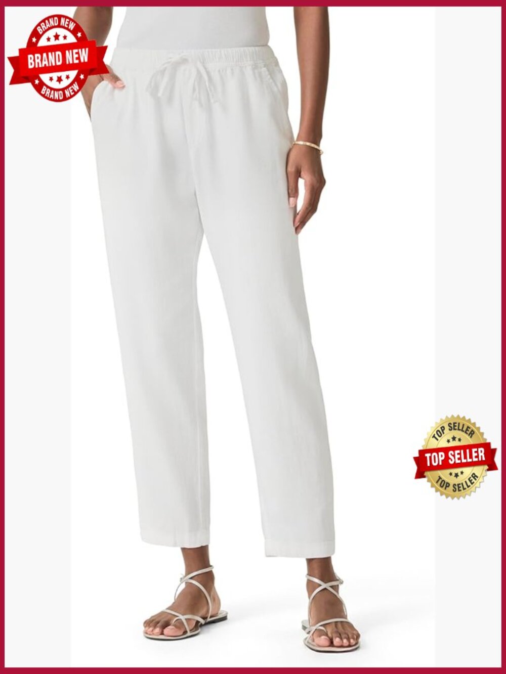 Linen Blend Straight Leg Casual Pull On Pants with Pockets